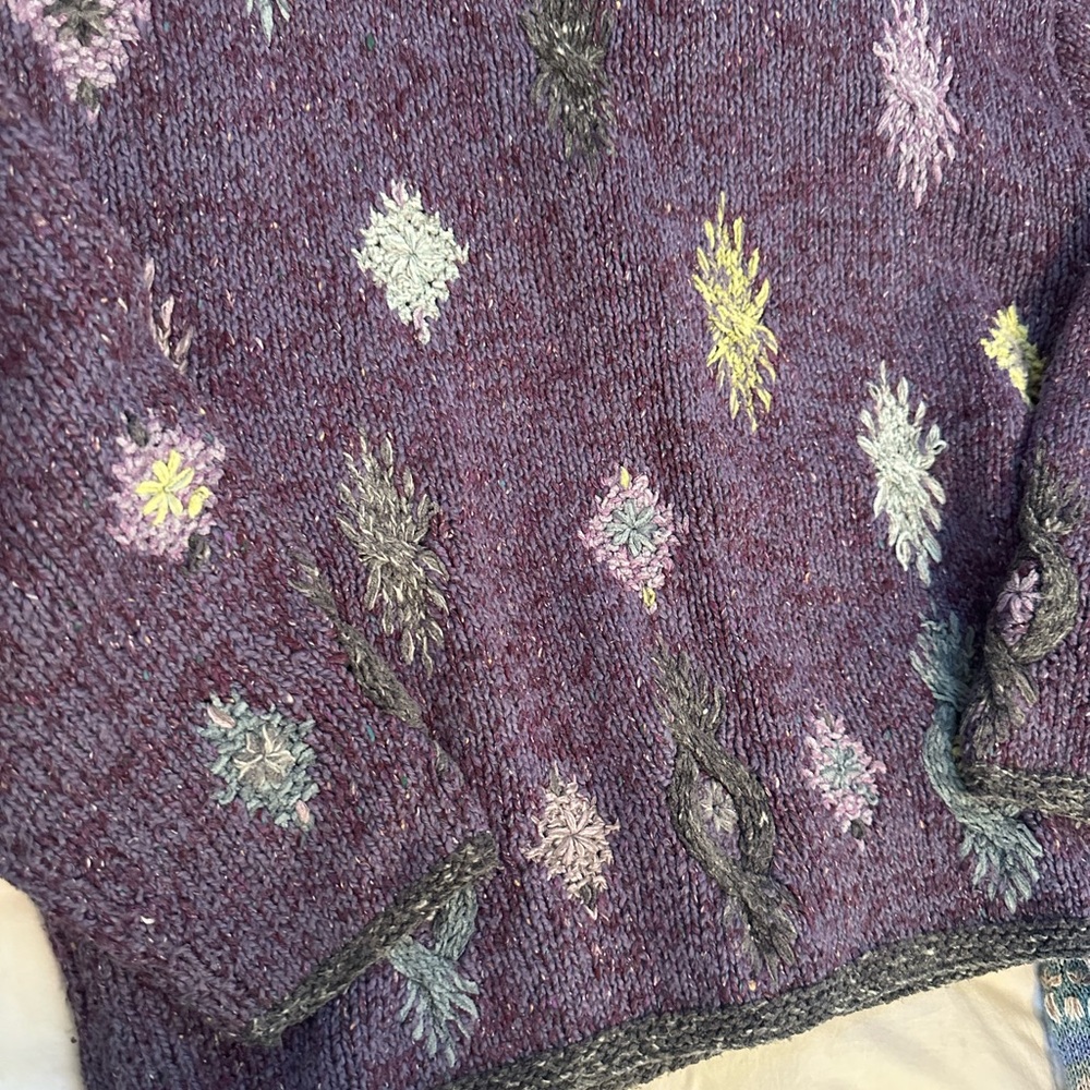 Sigrid Olsen Purple Knit V-Neck Button Front Cardigan with Multicolor Embroidery - Picture 6 of 8